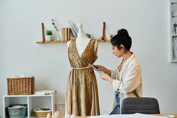 Junge Frau in lässiger Kleidung Upcycling eines Kleides auf einer Schaufensterpuppe, die ein umweltfreundliches Konzept präsentiert. — Stockfoto