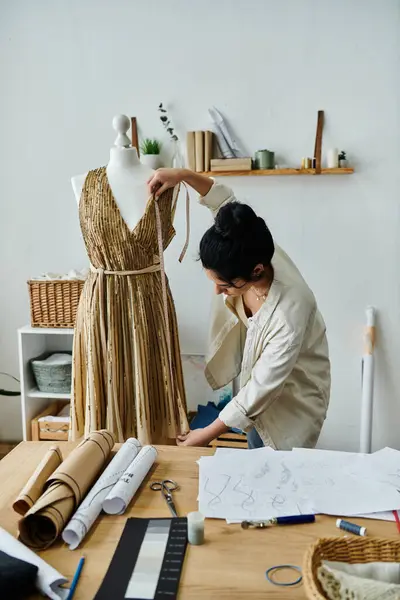 Una mujer joven montando su ropa, diseñando un vestido sobre una mesa. - foto de stock