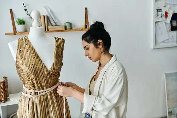A young woman measuring a dress on a mannequin for upcycling, embracing an eco-friendly concept. — Stock Photo