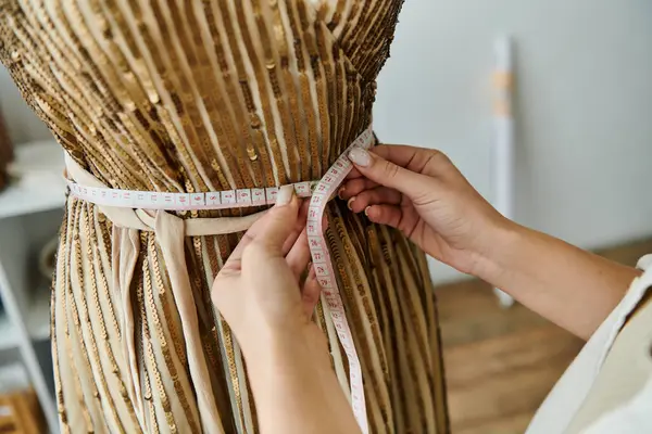 Woman in casual attire measuring and altering dress for eco-friendly upcycling. — Stock Photo
