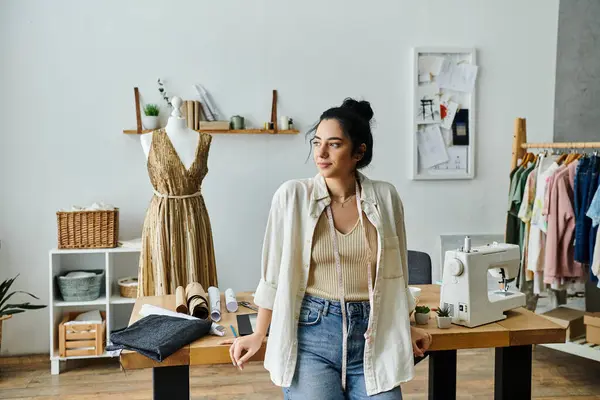 A young woman stands before a sewing machine, upcycling clothes in an eco-friendly manner. — Stock Photo