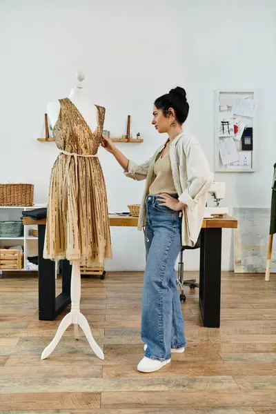 Young woman in casual attire upcycling clothes, admiring a dress on a mannequin. — Stock Photo