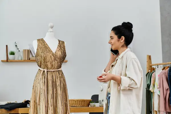 A woman refashions a dress on a mannequin in an eco-friendly concept. — Stock Photo