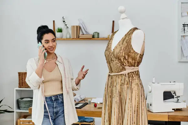Woman standing next to mannequin showcasing upcycled dress. — Stock Photo
