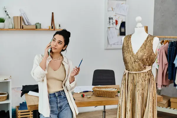 Donna che discute un vestito con il telefono in mano, accanto al manichino. — Foto stock