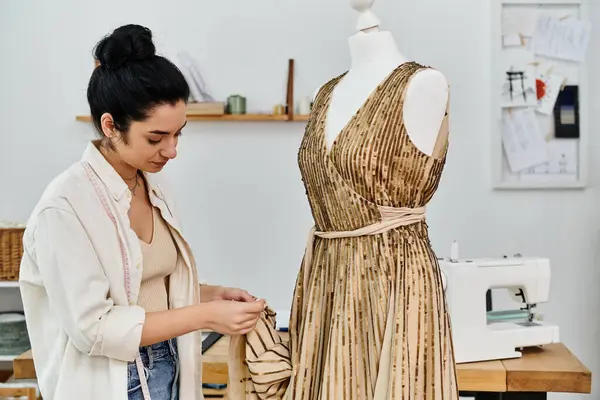 Young woman upcycling clothes, working on dress on mannequin. — Stock Photo