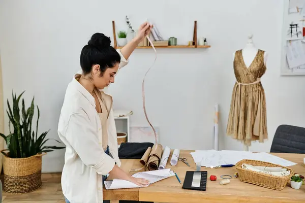 Young woman in casual attire, upcycling clothes at a desk. — Stock Photo
