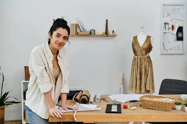 A young woman stands by a wooden table, upcycling her clothes in an eco-friendly manner. — Stock Photo