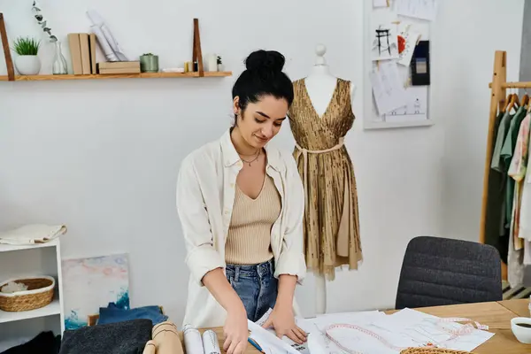 A young woman in casual attire upcycling her clothes. — Stock Photo