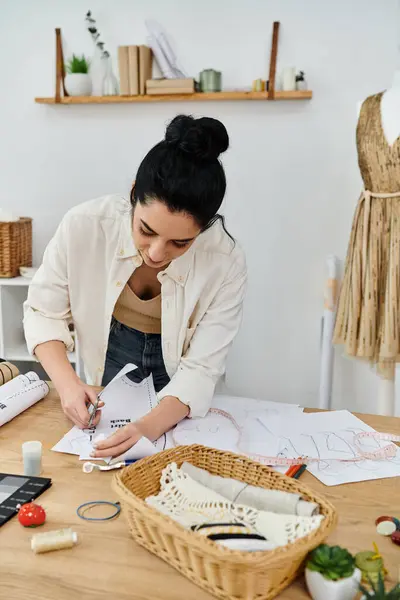 Young woman in casual attire upcycling clothes, working at table on piece of paper. — Stock Photo