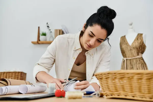 Woman upcycling clothes at table. — Stock Photo