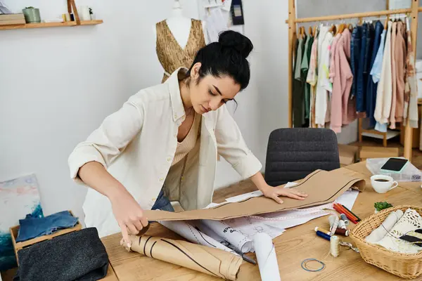 Young woman in casual attire upcycling clothes using a piece of cardboard. — Stock Photo