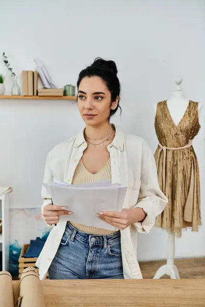 Mujer joven upcycling ropa, sosteniendo papel por maniquí. - foto de stock