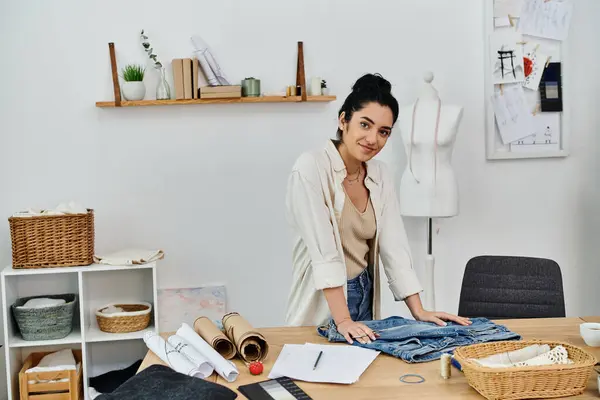 Young woman upcycling clothes on table, promoting eco-friendly fashion. — Stock Photo