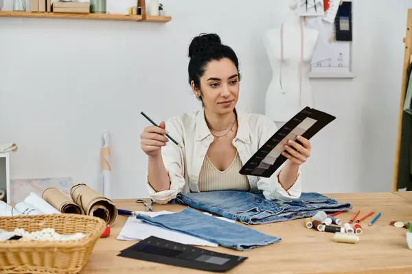 Creative woman upcycles clothes using palette for eco-fashion project. — Stock Photo