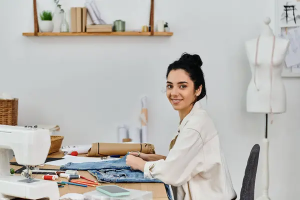 A young woman upcycles clothes at a sewing machine with an eco twist. — Stock Photo
