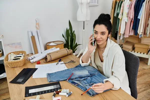 A woman upcycles clothes while chatting on a cell phone. — Stock Photo