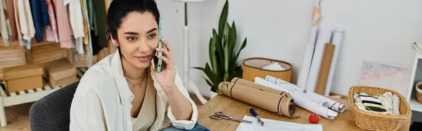 Uma mulher elegante em trajes casuais roupas upcycling, falando em um telefone celular em uma mesa. — Stock Photo