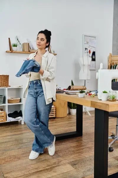 Woman creatively repurposing clothing, holding jeans in a room. — Stock Photo