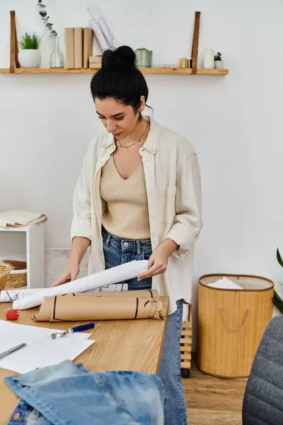 Young woman upcycling clothes at a wooden table, embracing eco-friendly fashion. — Stock Photo