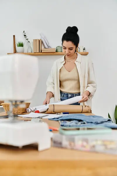 Young woman upcycling clothes, fabric and sewing machine. — Stock Photo