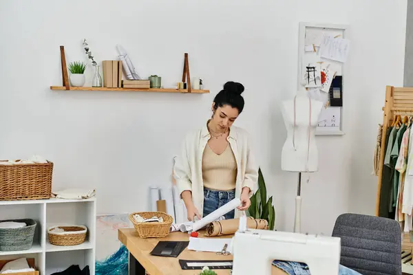 Mujer joven en traje casual upcycling ropa en una habitación con una máquina de coser. - foto de stock