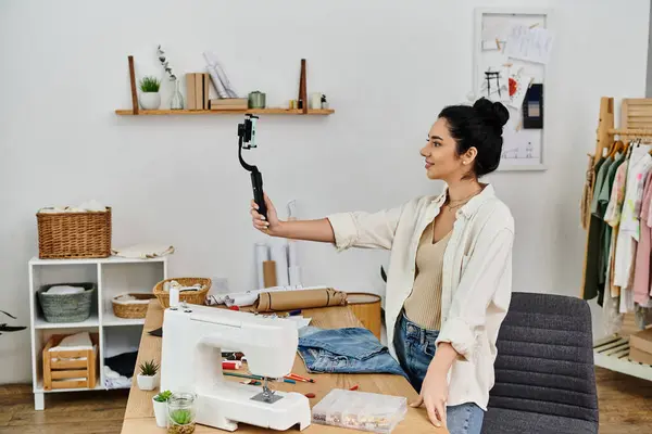 Skilled woman next to a sewing machine with phone in hands. — Stock Photo