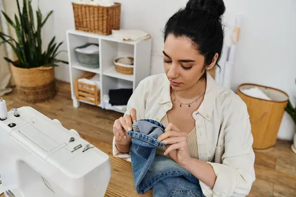 A young woman in casual attire upcycling her clothes with a sewing machine. — Stock Photo