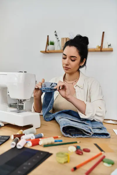 A woman in casual attire upcycles clothes on a sewing machine. — Stock Photo
