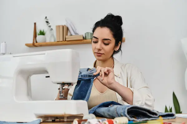 A woman upcycles her clothes with a sewing machine at a table. — Stock Photo