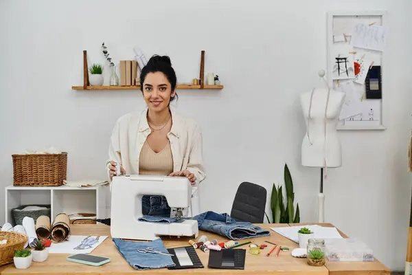 A young woman in casual attire upcycles clothes using a sewing machine. — Stock Photo