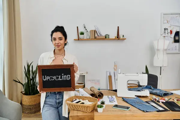Eine junge Frau in Freizeitkleidung, die in einem Büro ein Schild hochhält. — Stockfoto
