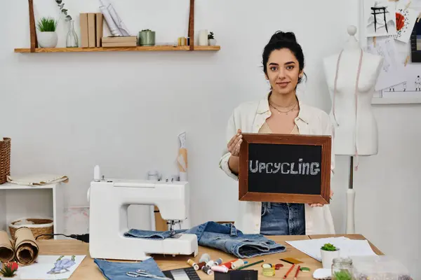 Young woman upcycling clothes, holding a sign that says upcycling. — Stock Photo
