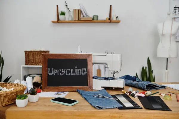 Upcycle sign on table with clothes and a sewing machine. — Stock Photo