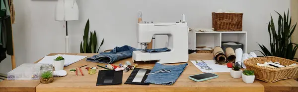 A sewing machine atop a wooden table. — Stock Photo