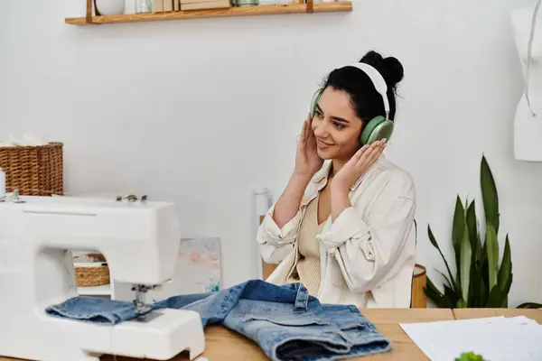 Young woman upcycling clothes with a sewing machine at a table. — Stock Photo