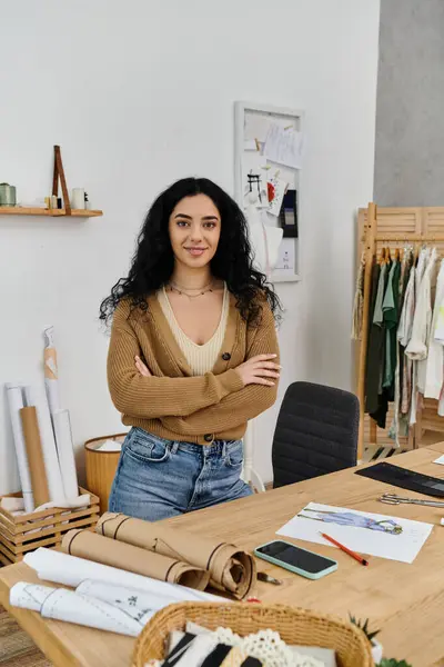 A young woman in casual attire stands before a wooden table, engaged in upcycling her clothes. — Stock Photo