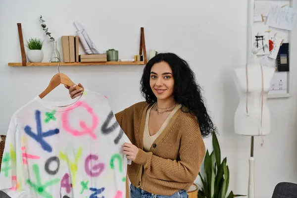 Woman raising a shirt with different letters. — Stock Photo