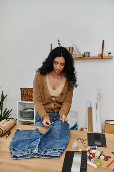 Une jeune femme créative upcycling jeans à une table. — Photo de stock