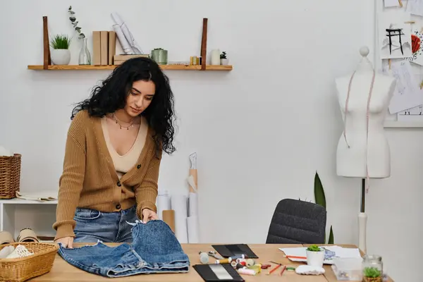 Молода жінка сидить за столом, піднімаючи пару джинсів екологічно чистим способом. — стокове фото