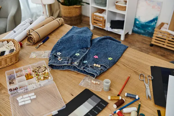 Upcycling di vestiti su un tavolo di legno ingombrato con un concetto ecologico. — Foto stock