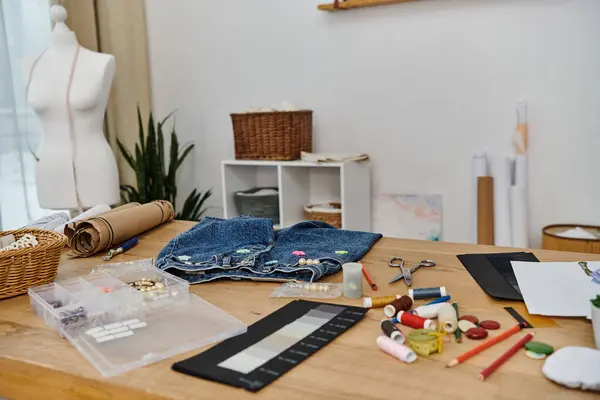 Wooden table covered in crafting supplies for upcycling clothes. — Stock Photo