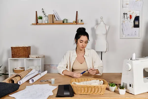 A woman in casual attire upcycles clothes at a sewing machine. — Stock Photo