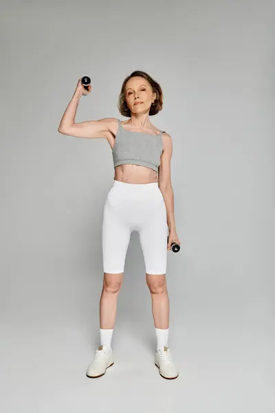 A mature, attractive woman in comfy attire showcasing strength and poise with two dumbbells. — Stock Photo