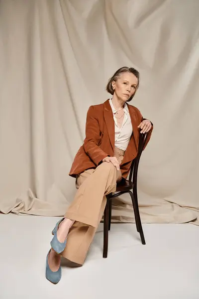 Femme mûre en veste bronzée et pantalon assis confortablement sur une chaise. — Photo de stock