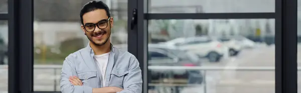 A man with glasses stands contemplatively in front of a window. — Stock Photo