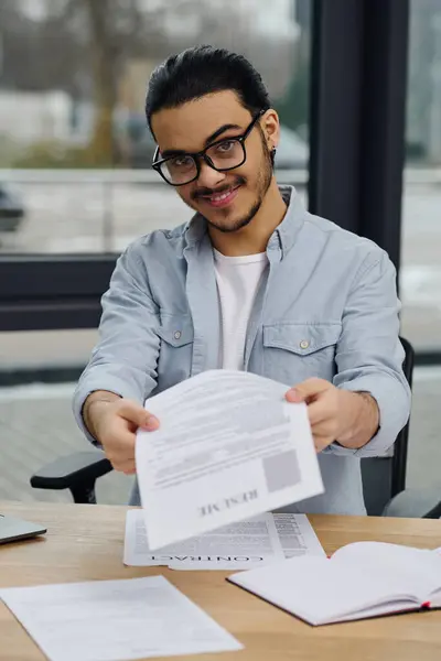 Un hombre con gafas sosteniendo cuidadosamente los documentos. - foto de stock