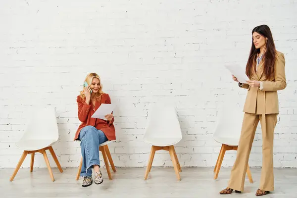 Две женщины разговаривали, сидя на стульях. — стоковое фото
