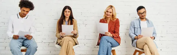 Group of people sitting in a row, holding papers. — Stock Photo