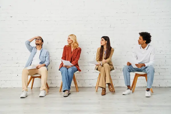 Группа привлекательных людей элегантно позирует на стульях перед белой стеной. — стоковое фото